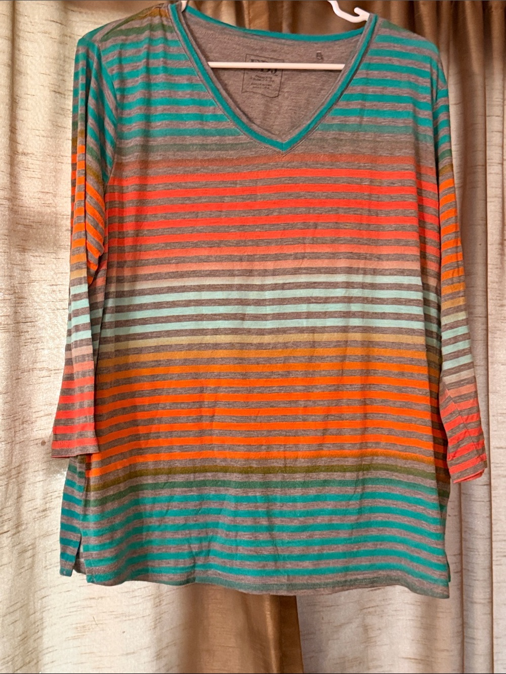 Striped V-Neck Long Sleeve Top in Teal, Orange and Gray